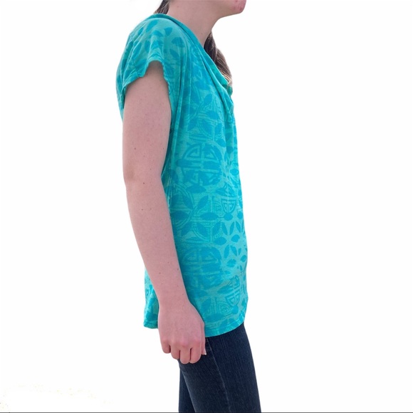 Teal Turquoise Short Sleeve Shirt Cowl Neck Front Collar Comfortable - Picture 3 of 5
